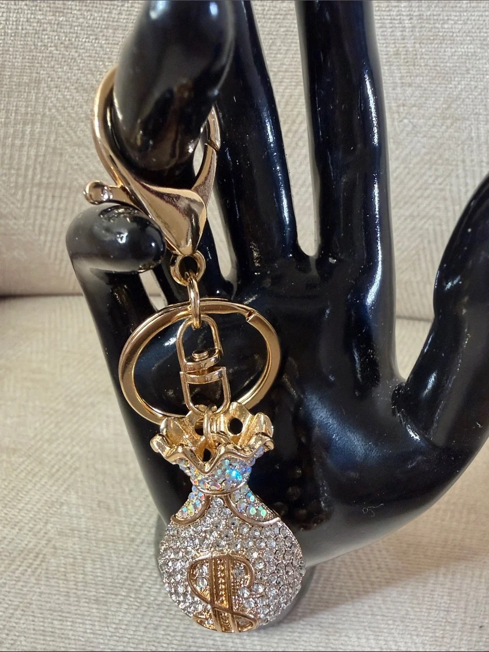 Gold Rhinestone Money Bag Keychain - Sparkling Crystal Accent